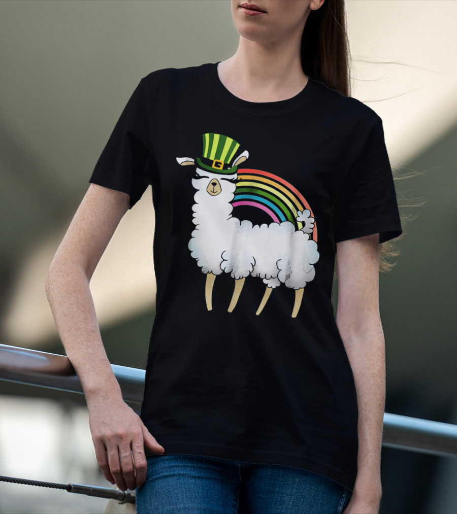 Llama In St Patrick's Day Hat With Rainbow T-Shirt