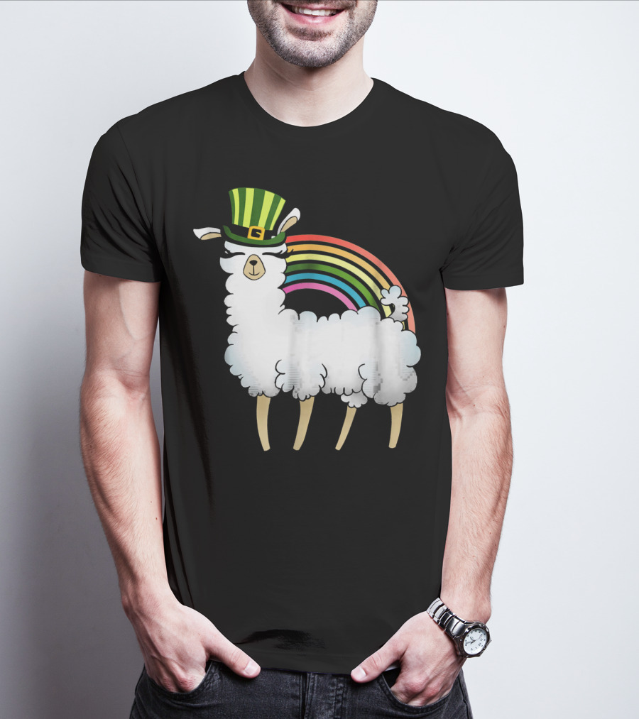 Llama In St Patrick's Day Hat With Rainbow T-Shirt