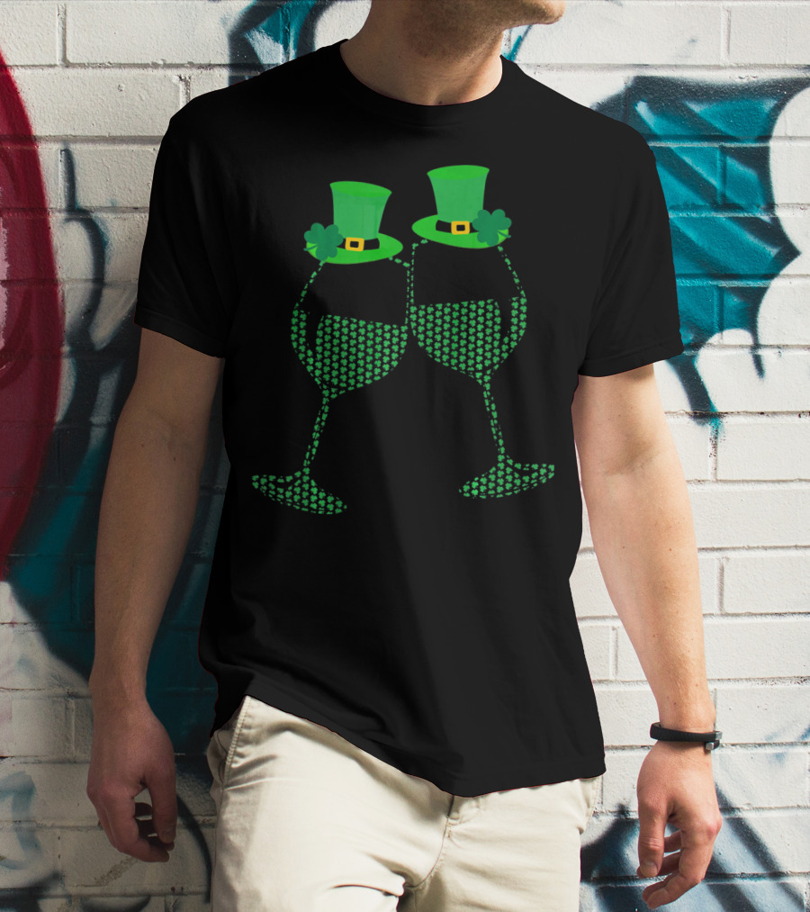 Wine Glasses Shamrock Leprechaun Hats St. Patrick's Day T-Shirt