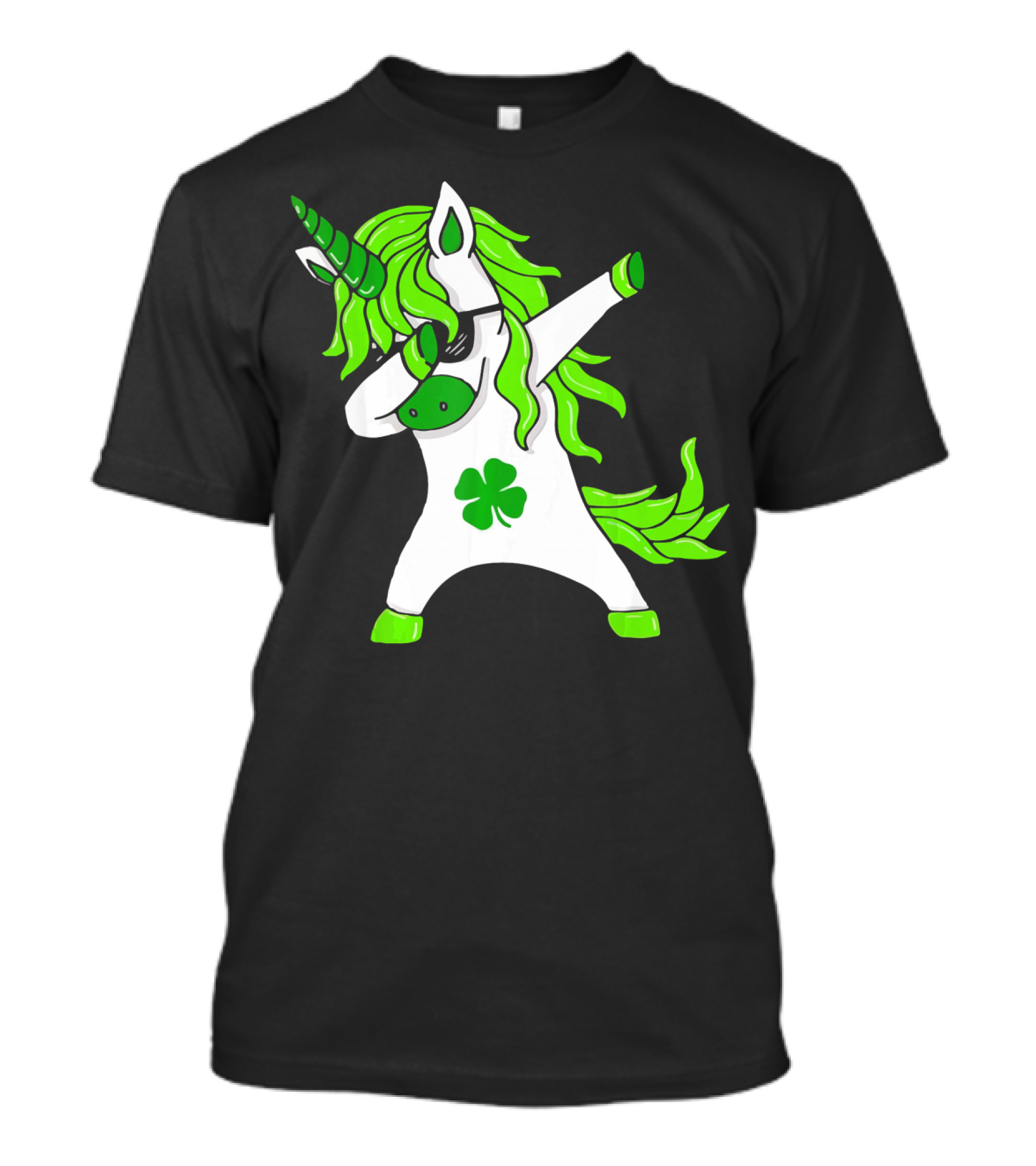 Mens Womens Dabbing Unicorn With Green Shamrock And Hair T-Shirt