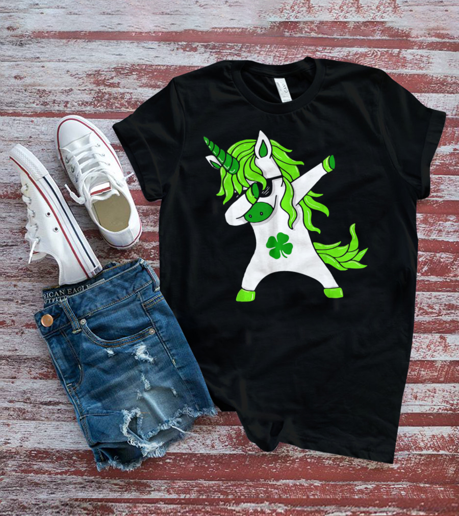 Mens Womens Dabbing Unicorn With Green Shamrock And Hair T-Shirt