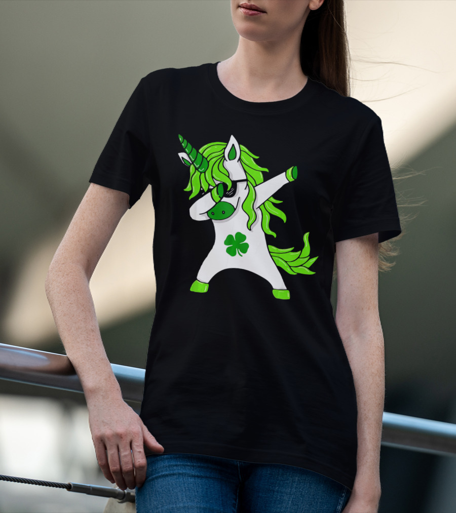 Mens Womens Dabbing Unicorn With Green Shamrock And Hair T-Shirt