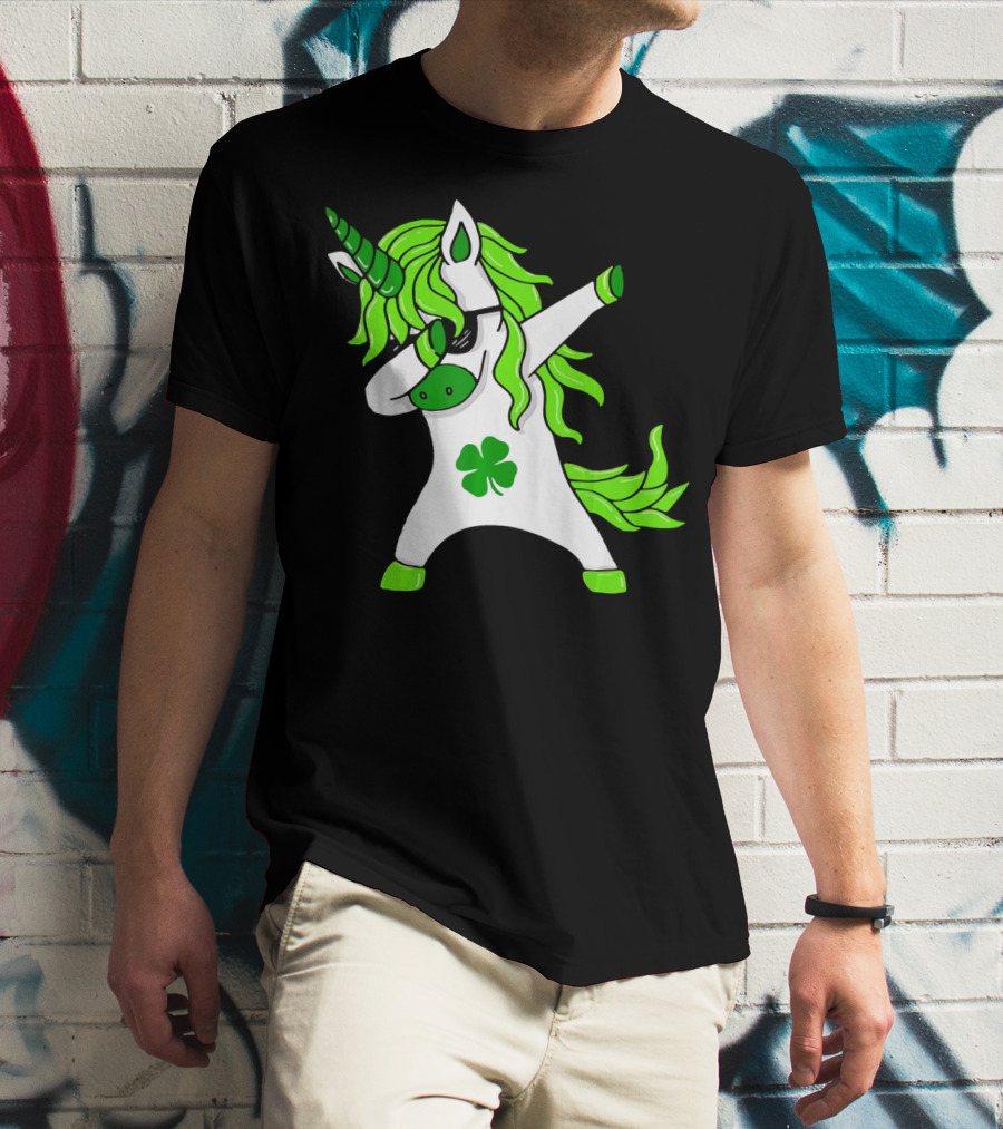 Mens Womens Dabbing Unicorn With Green Shamrock And Hair T-Shirt