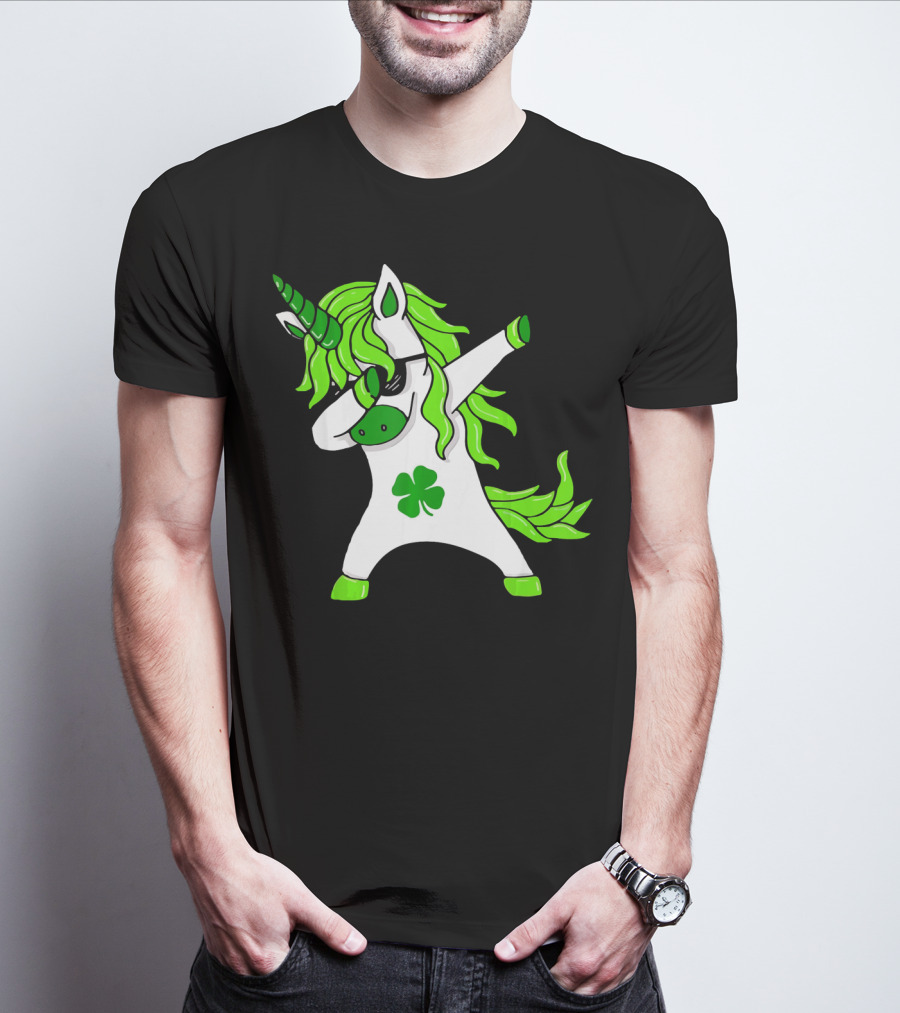 Mens Womens Dabbing Unicorn With Green Shamrock And Hair T-Shirt