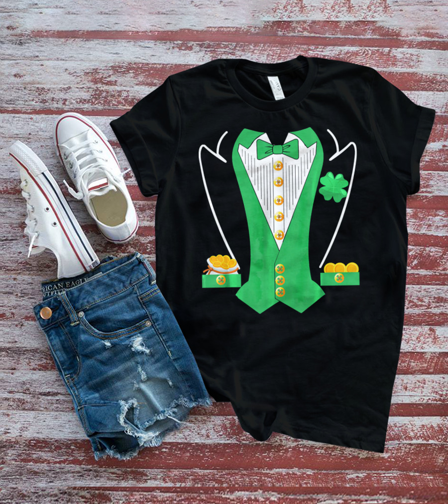 Leprechaun Costume Girl Green Suit Bow Tie Clover Gold Coins T-Shirt