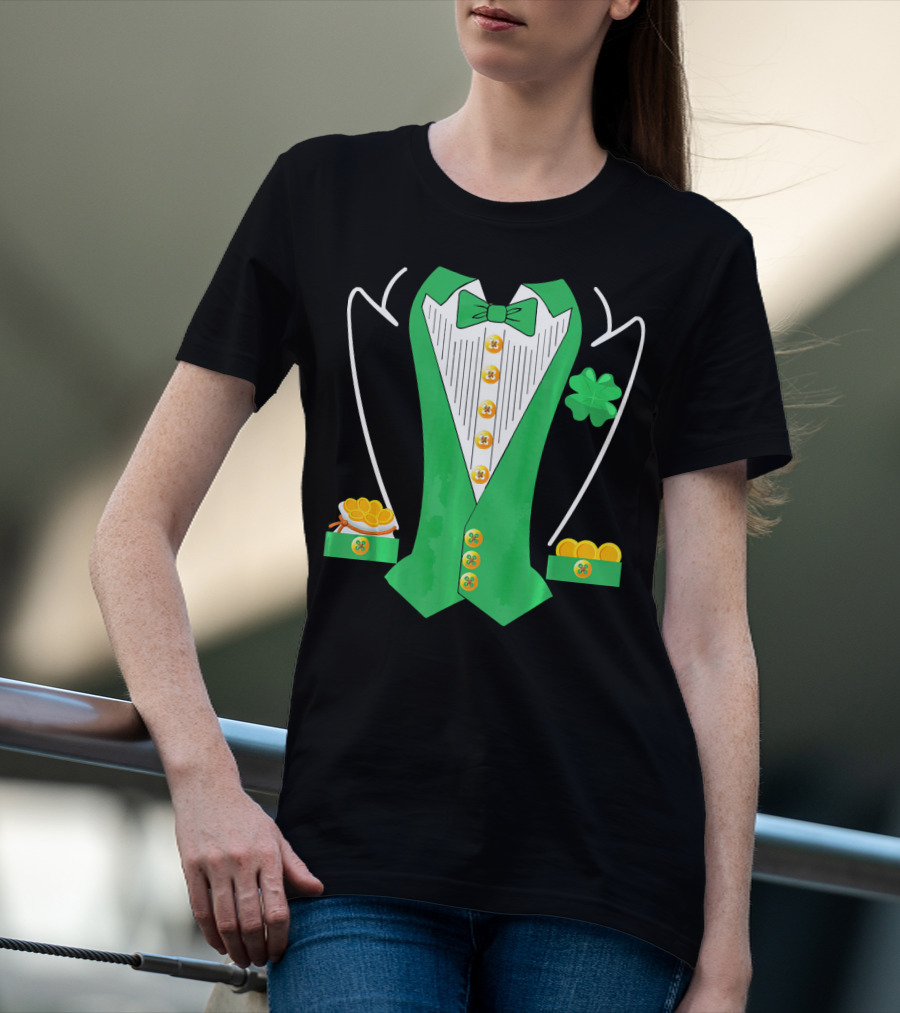 Leprechaun Costume Girl Green Suit Bow Tie Clover Gold Coins T-Shirt