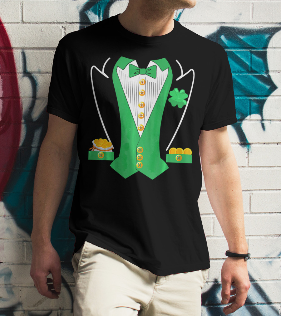 Leprechaun Costume Girl Green Suit Bow Tie Clover Gold Coins T-Shirt