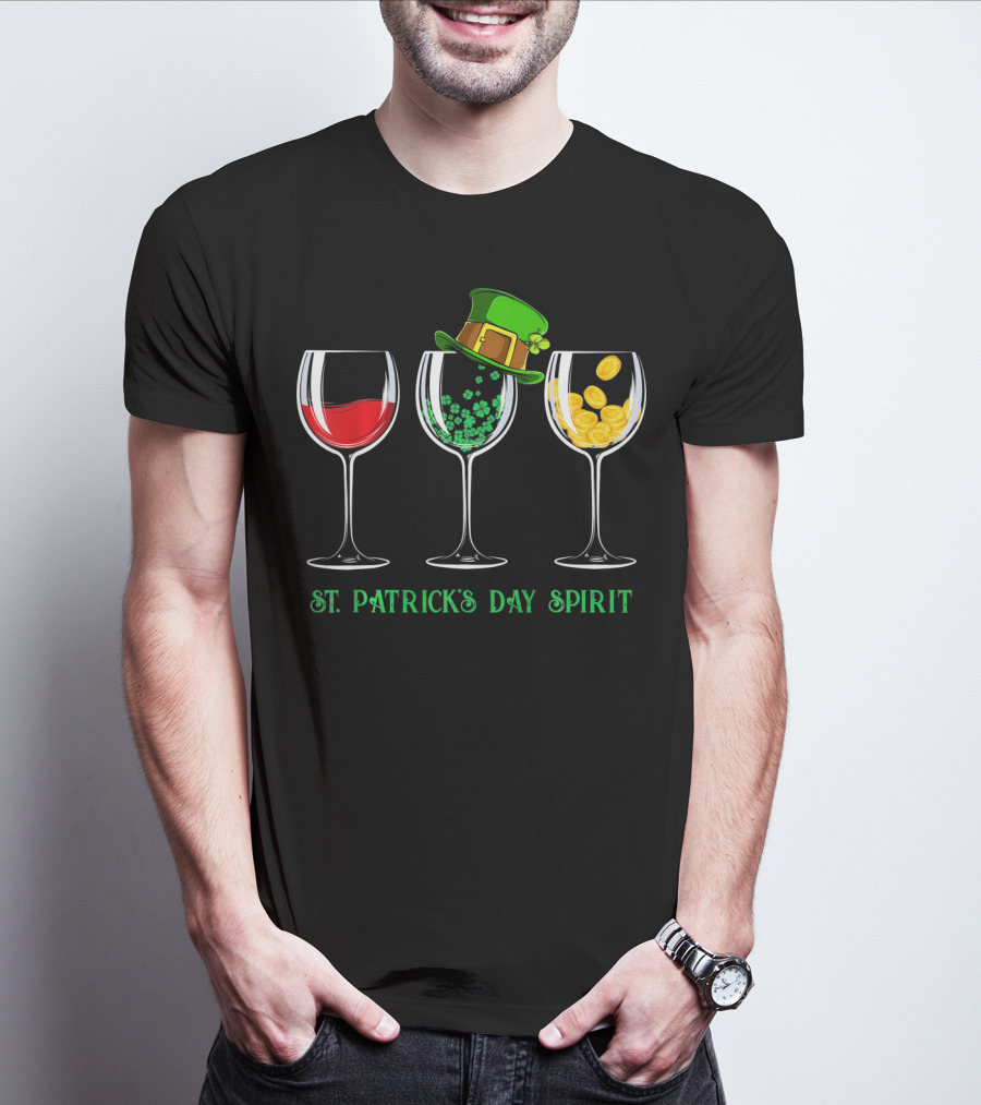St Patrick's Day Spirit Wine Shamrock Leprechaun Coins T-Shirt