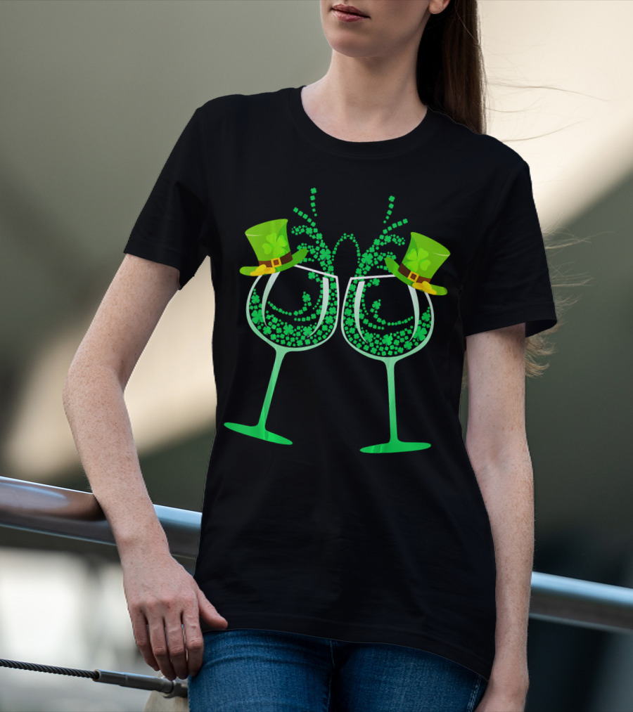 Wine Glass Leprechaun Shamrock Funny Drinking T-Shirt