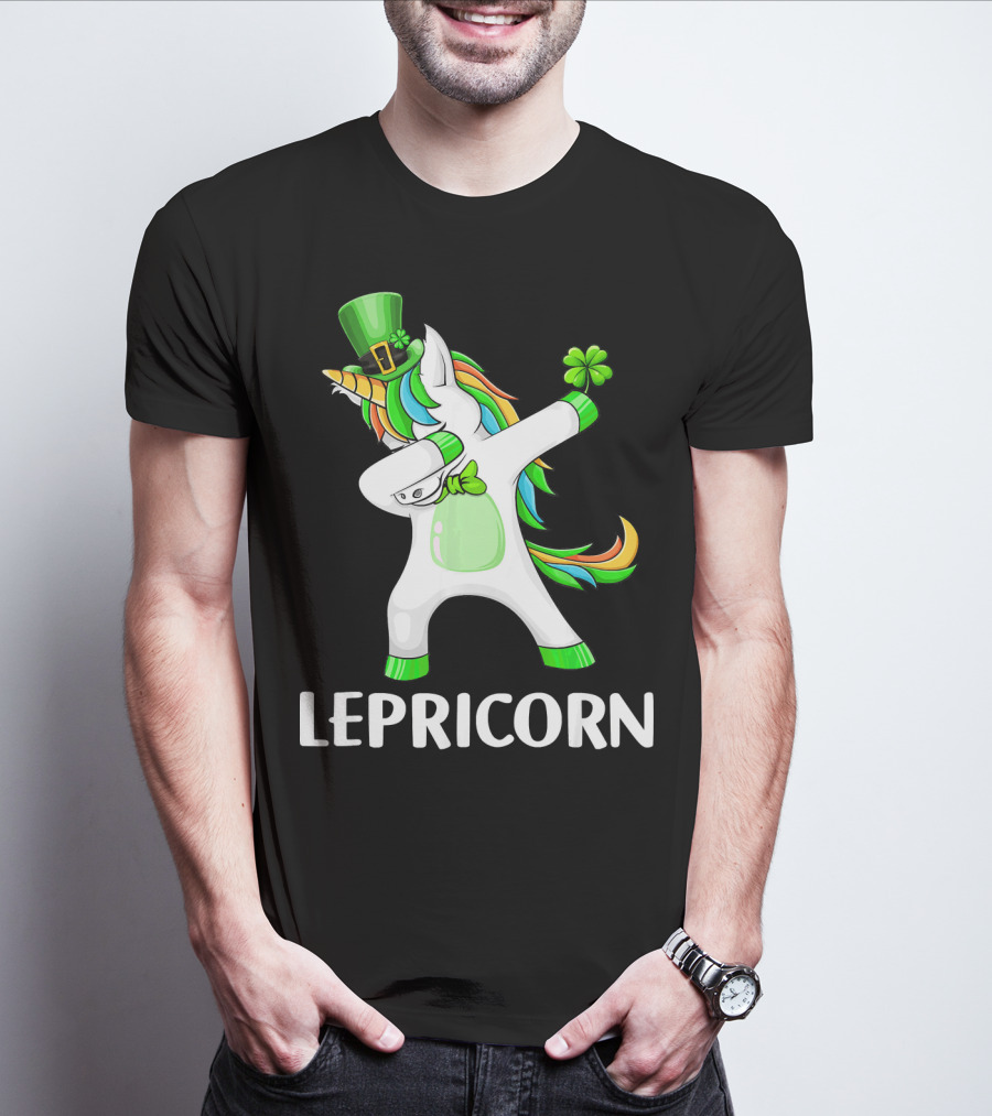 Lepricorn Dabbing Leprechaun Unicorn With Rainbow Mane And Green Hat T-Shirt