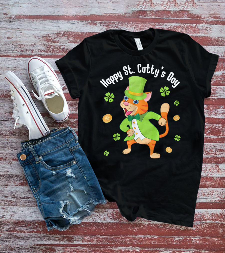 Hoppy St. Catty's Day Irish Cat Leprechaun Dance Gold Shamrock T-Shirt