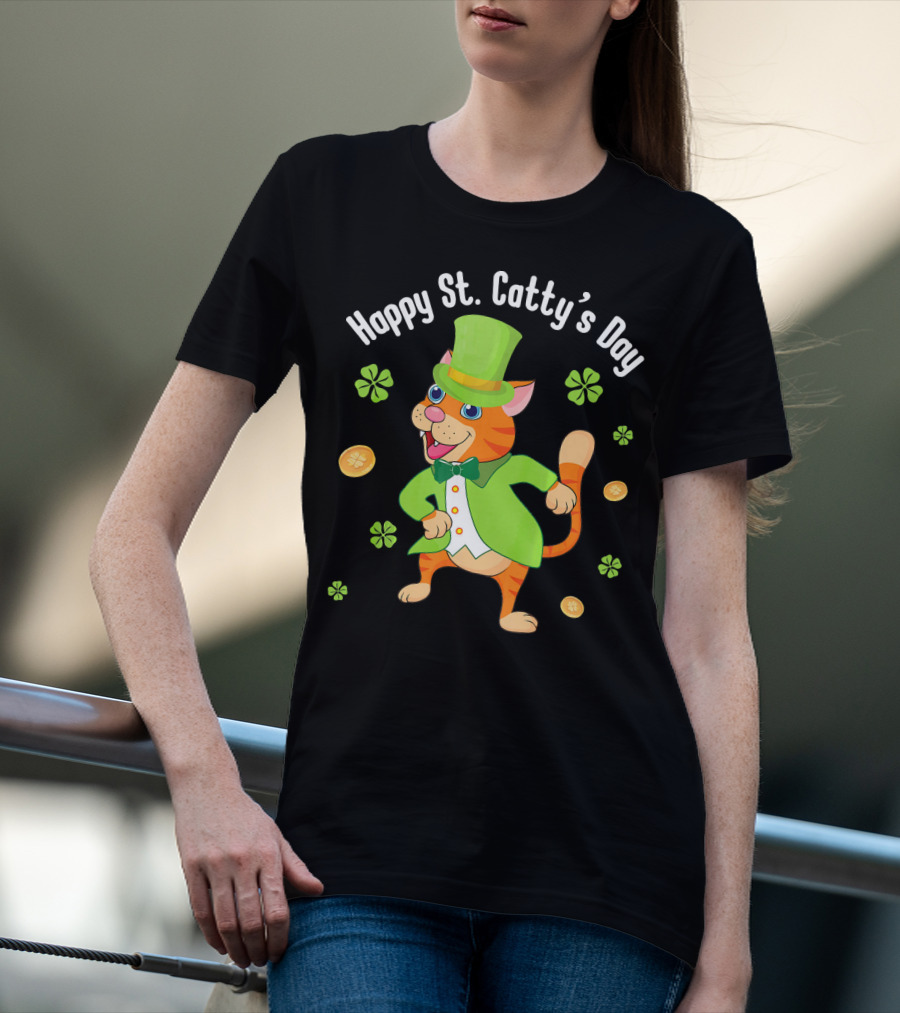 Hoppy St. Catty's Day Irish Cat Leprechaun Dance Gold Shamrock T-Shirt