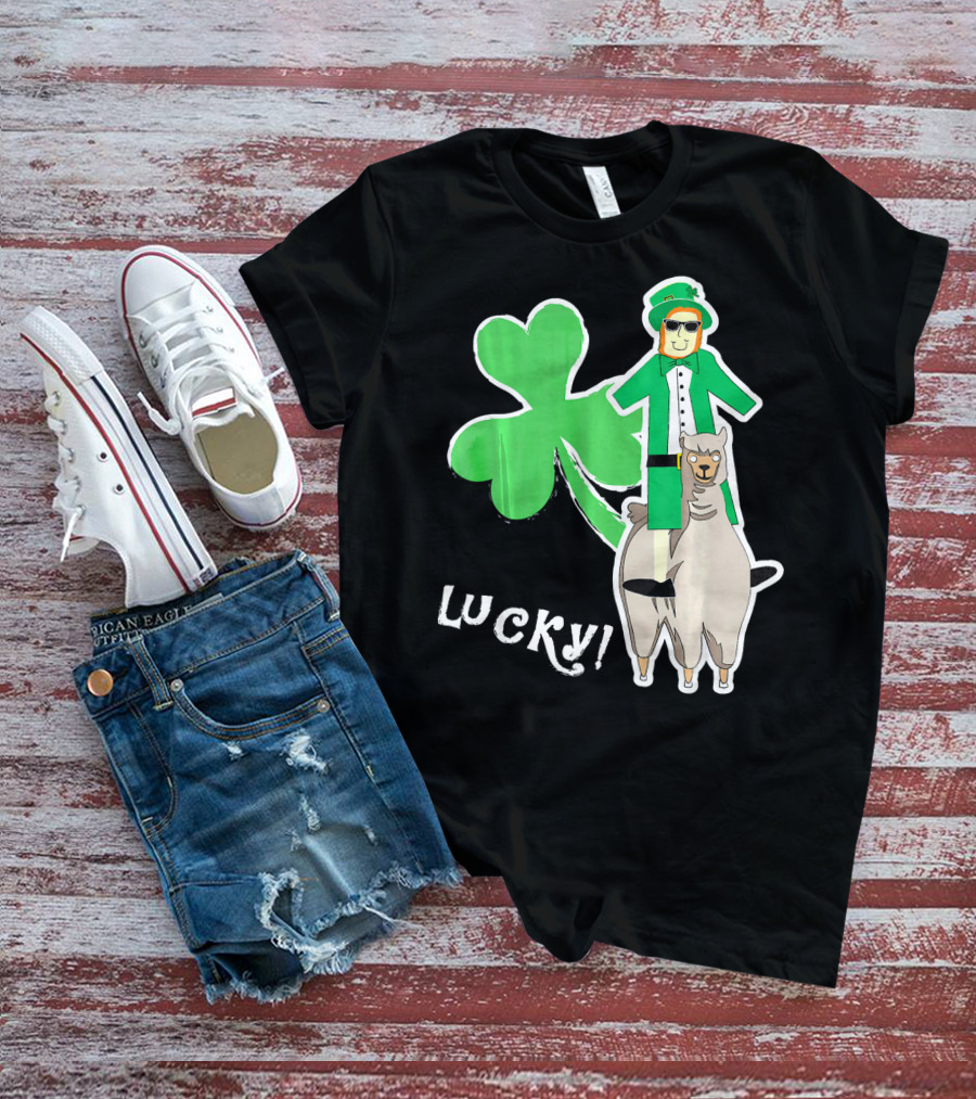 Lucky Leprechaun Riding Llama With Shamrock Irish T-Shirt