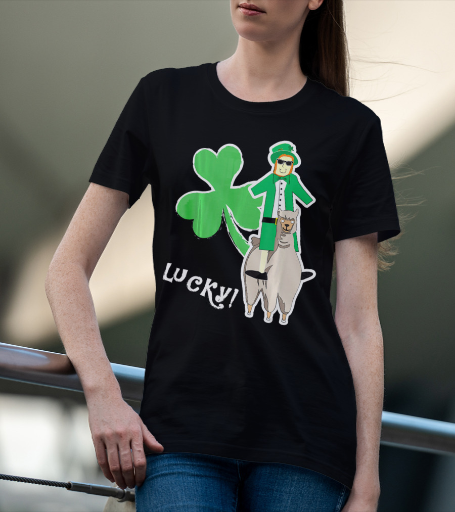 Lucky Leprechaun Riding Llama With Shamrock Irish T-Shirt