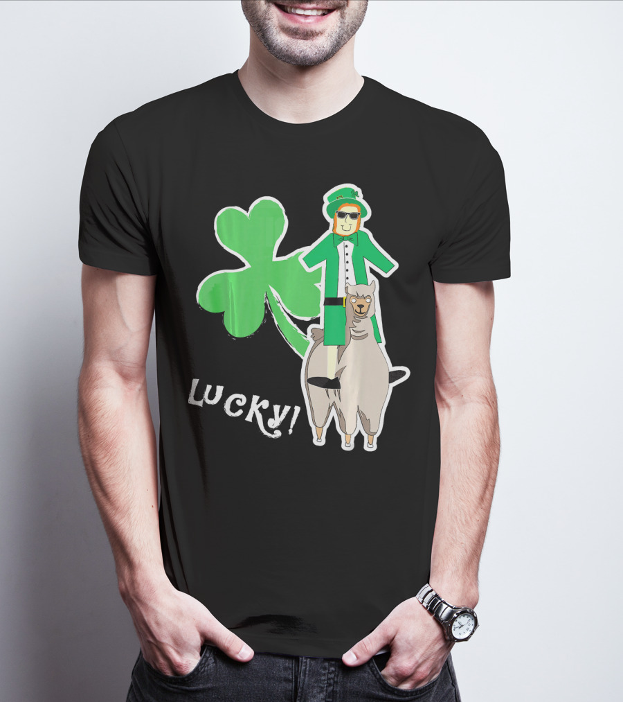 Lucky Leprechaun Riding Llama With Shamrock Irish T-Shirt