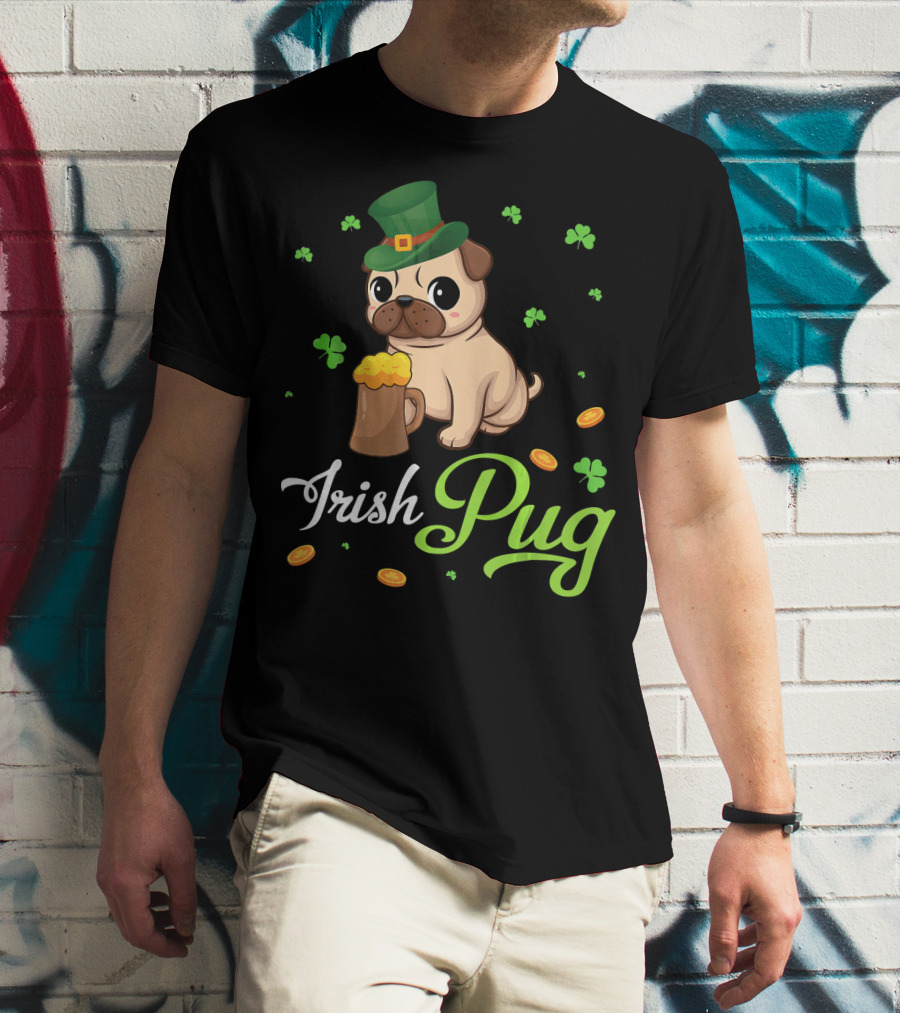 Irish Pug Shamrocks Hat Beer Coins T-Shirt