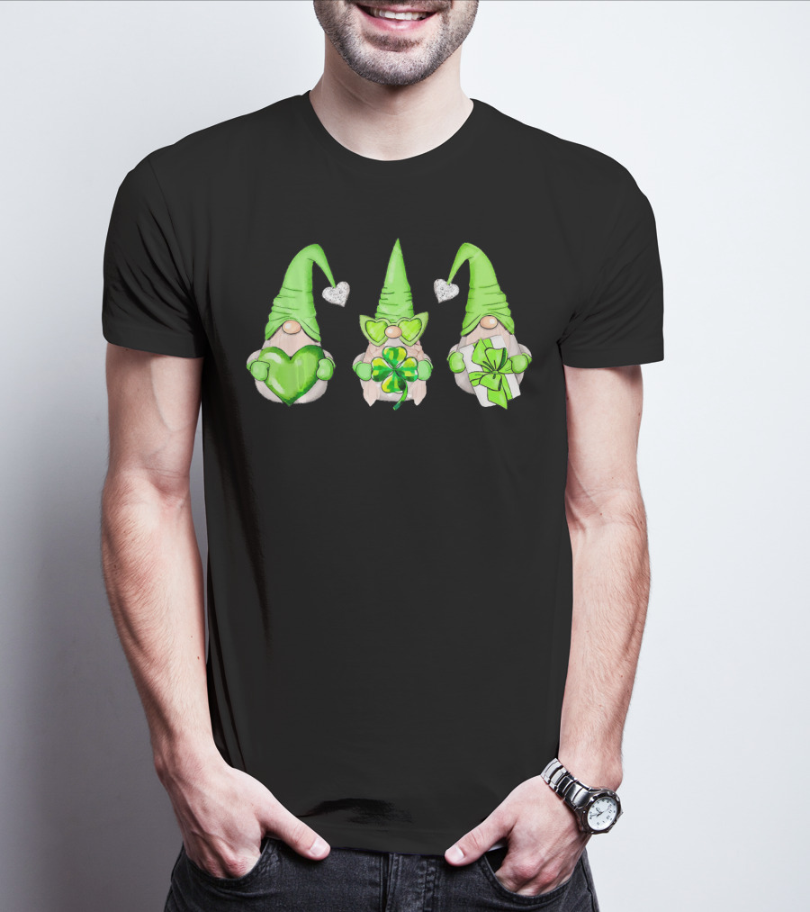 Cool Green Gnomes With Leprechaun Shamrock Hearts And Gifts T-Shirt