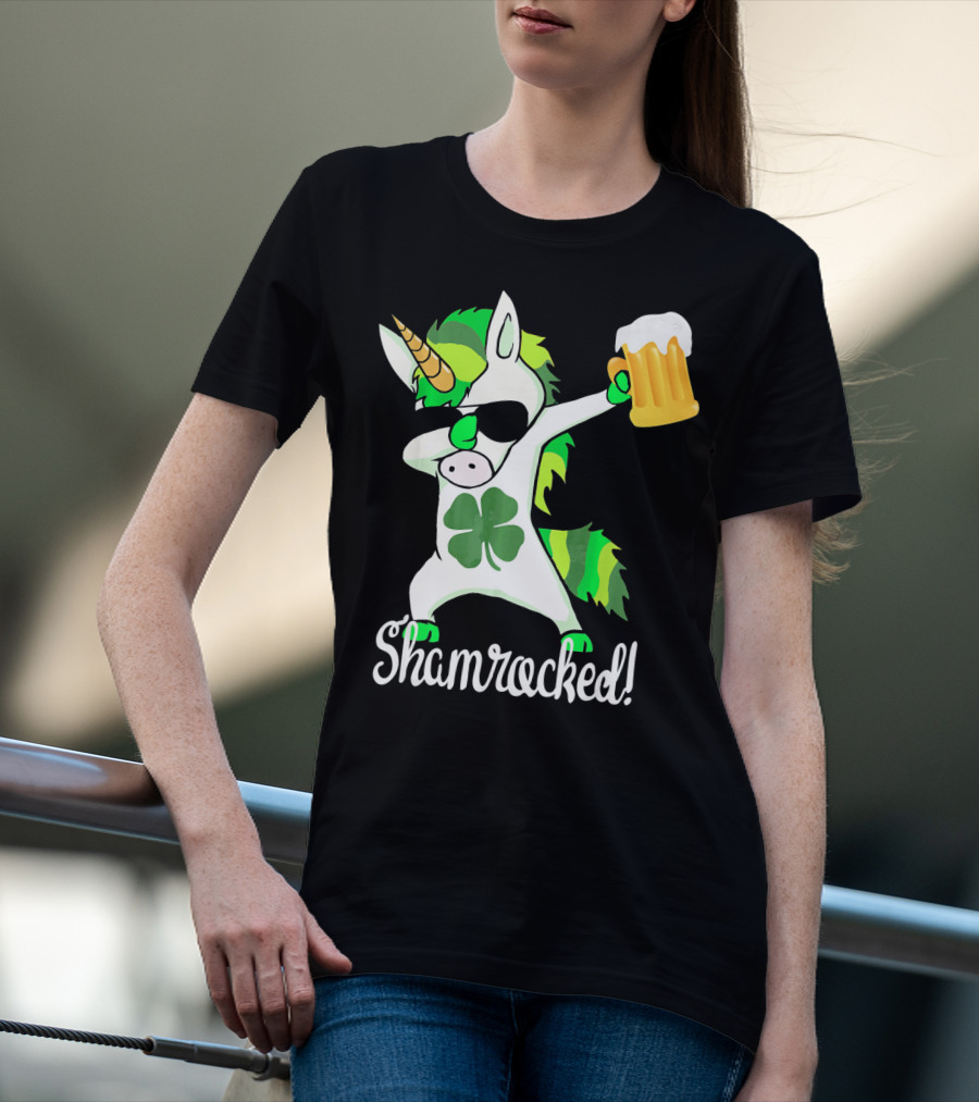 Shamrocked Funny St. Patrick's Day Unicorn With Beer Mug T-Shirt