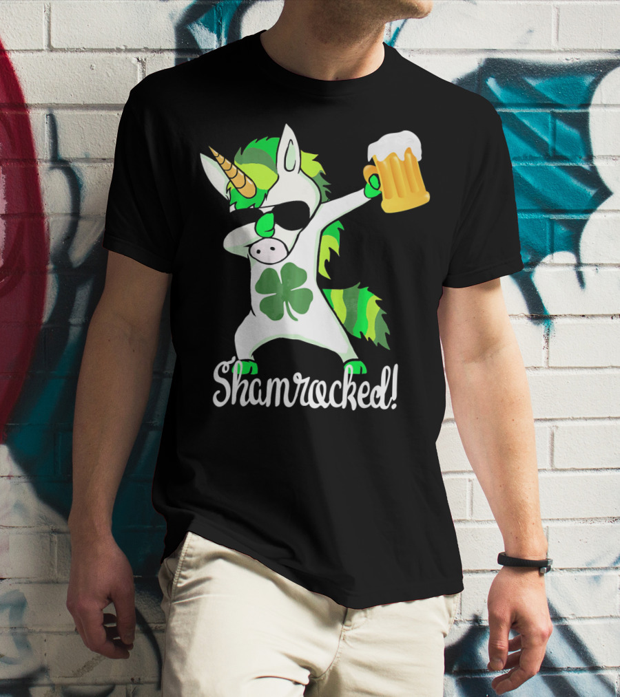 Shamrocked Funny St. Patrick's Day Unicorn With Beer Mug T-Shirt