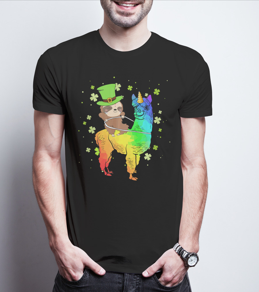 Leprechaun Sloth Riding Rainbow Llama Unicorn St Patrick's Clover T-Shirt