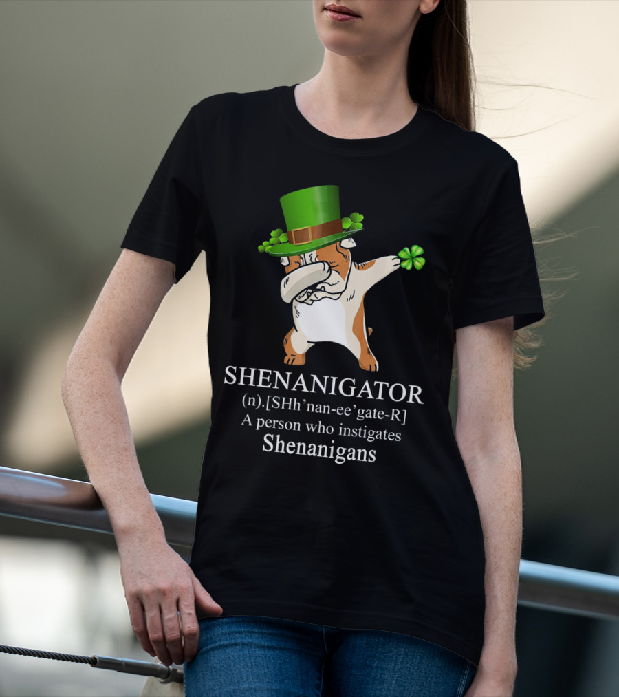 Shenanigator Dabbing Bulldog Instigates Shenanigans With Shamrock Hat T-Shirt