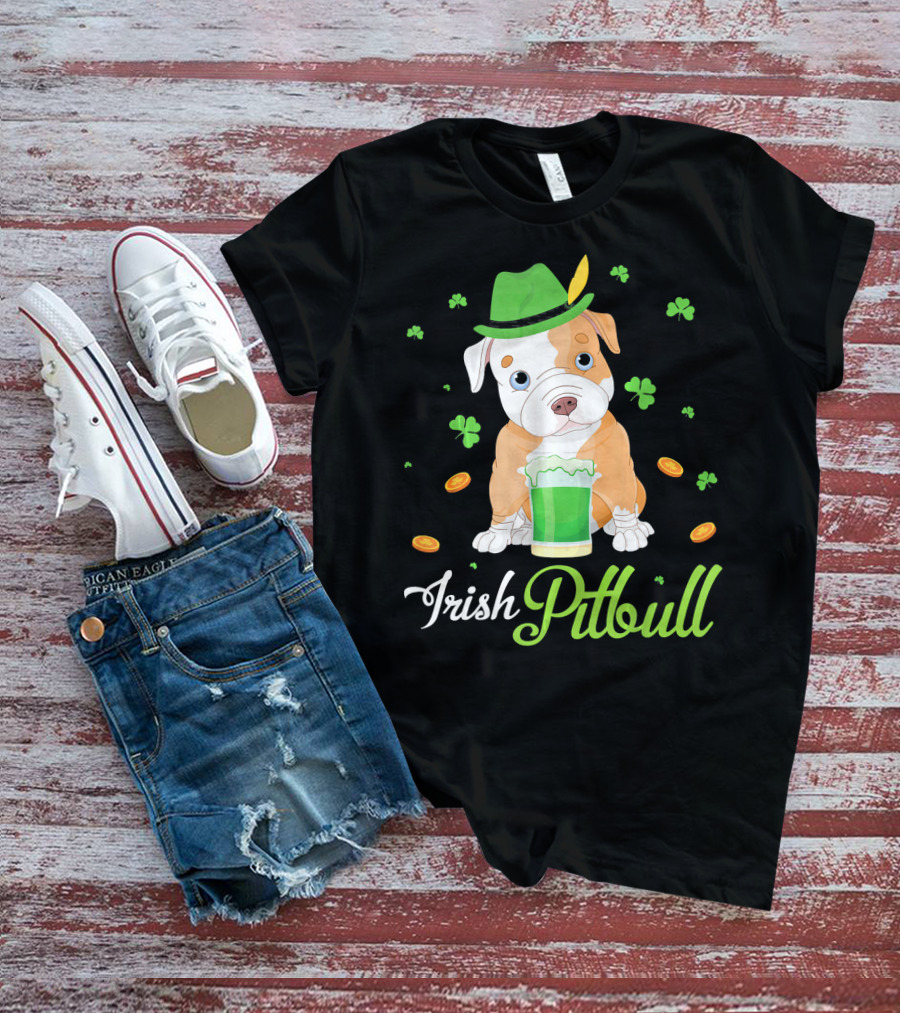 Irish Pitbull Shamrock Hat Beer Coins T-Shirt