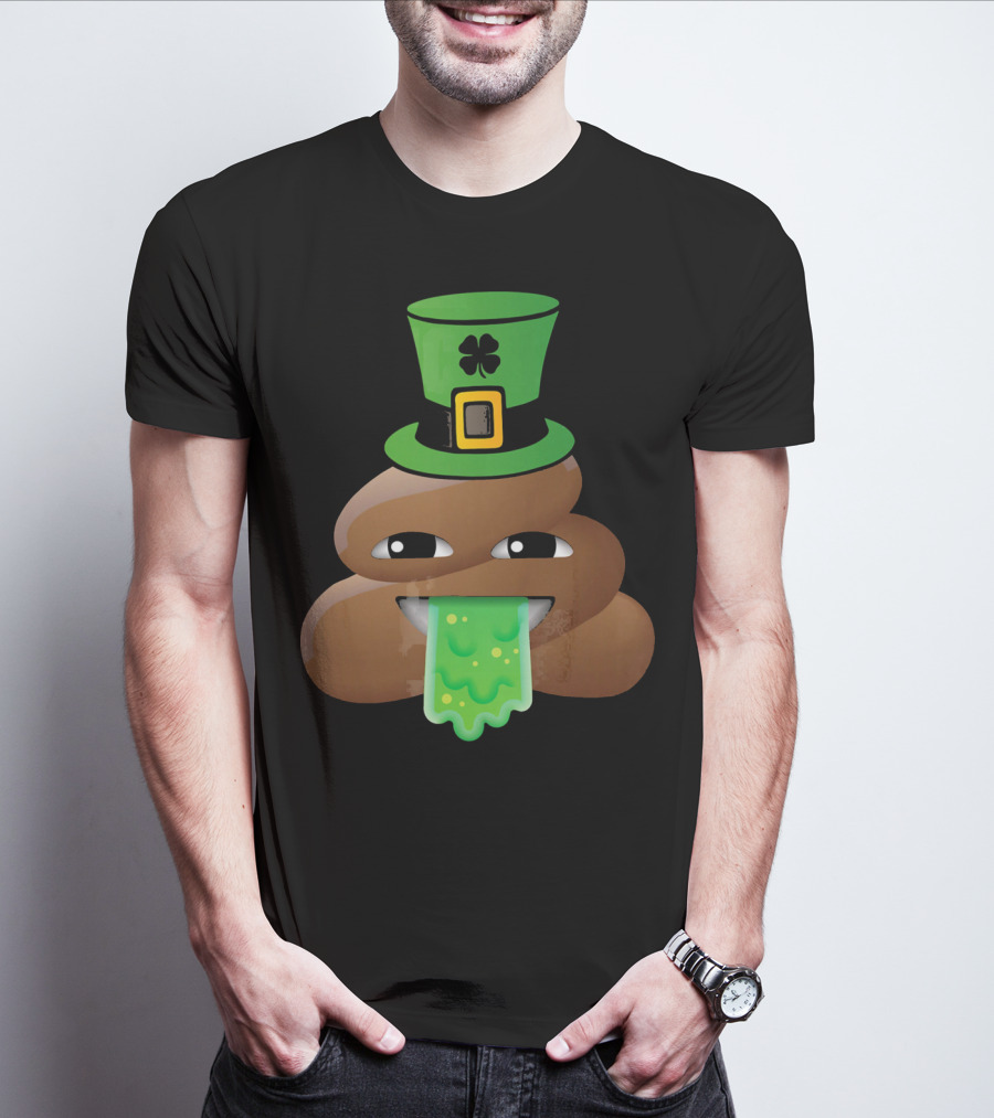 St Patricks Day Funny Leprechaun Poop Emoji Hat And Green Slime Tongue T-Shirt