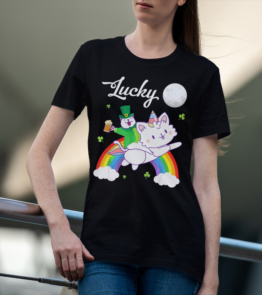 Lucky Leprechaun Cat Riding Unicorn Cat Over Rainbow With Beer And Moon T-Shirt