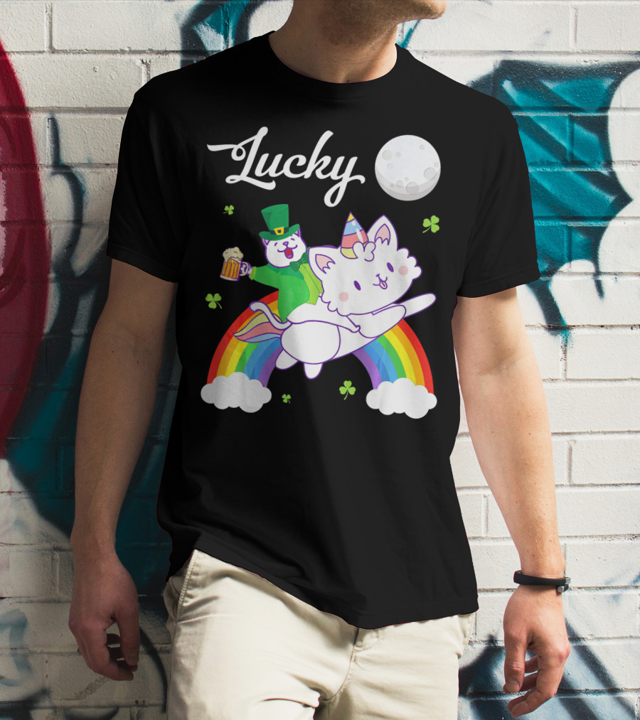 Lucky Leprechaun Cat Riding Unicorn Cat Over Rainbow With Beer And Moon T-Shirt