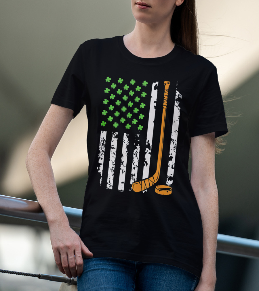 Irish American Hockey Sticks And Shamrocks Flag T-Shirt