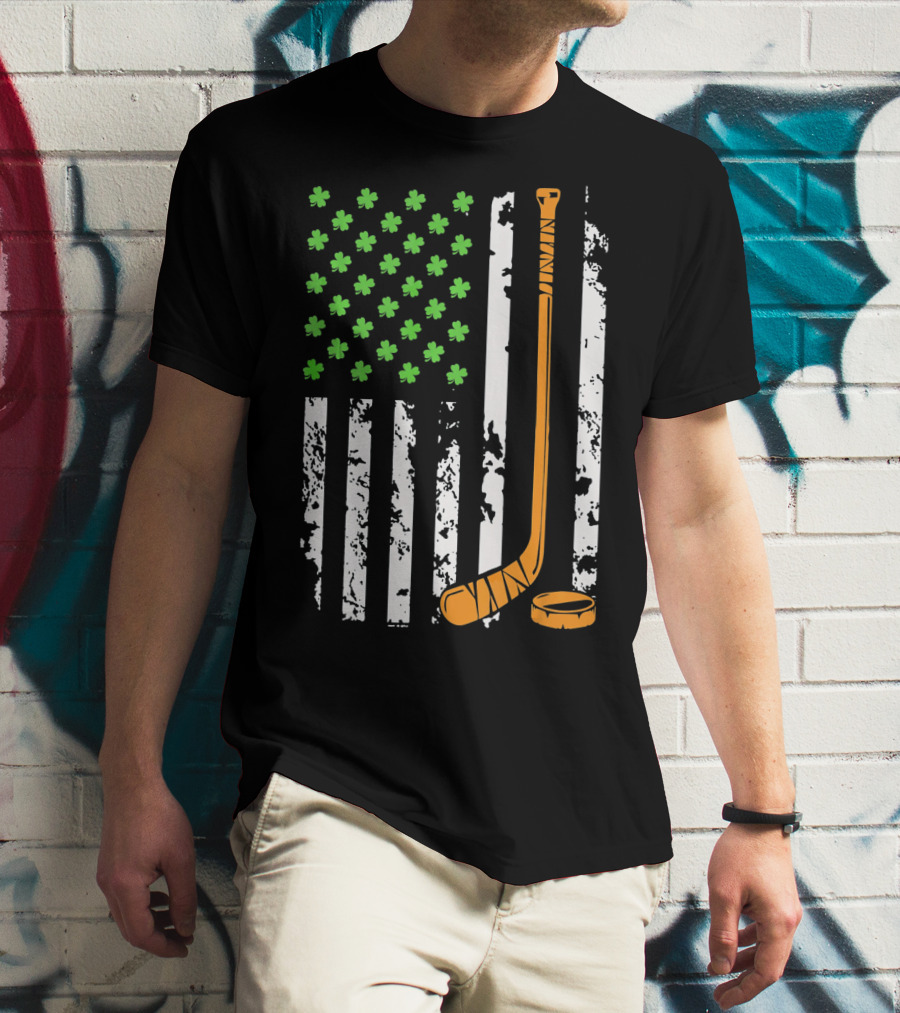 Irish American Hockey Sticks And Shamrocks Flag T-Shirt