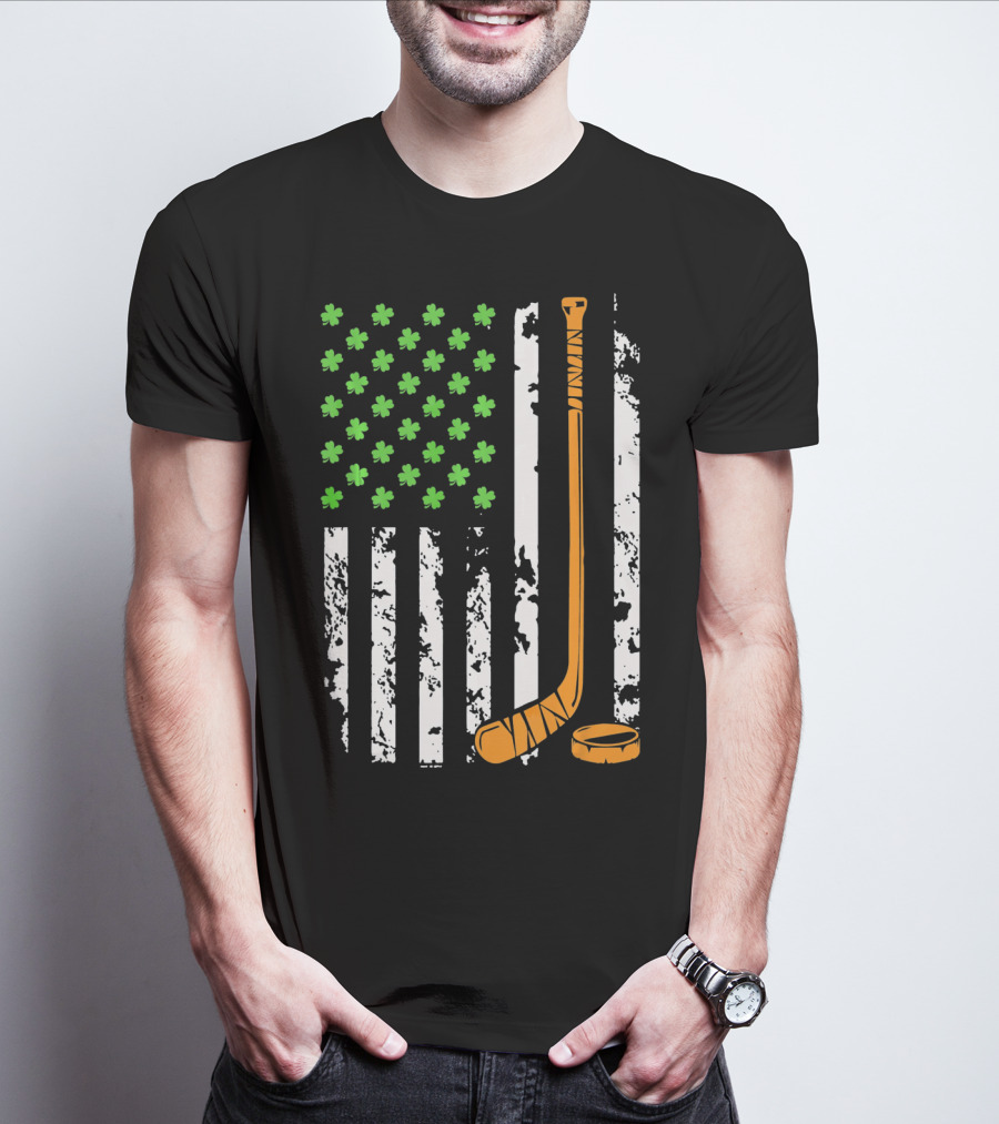 Irish American Hockey Sticks And Shamrocks Flag T-Shirt