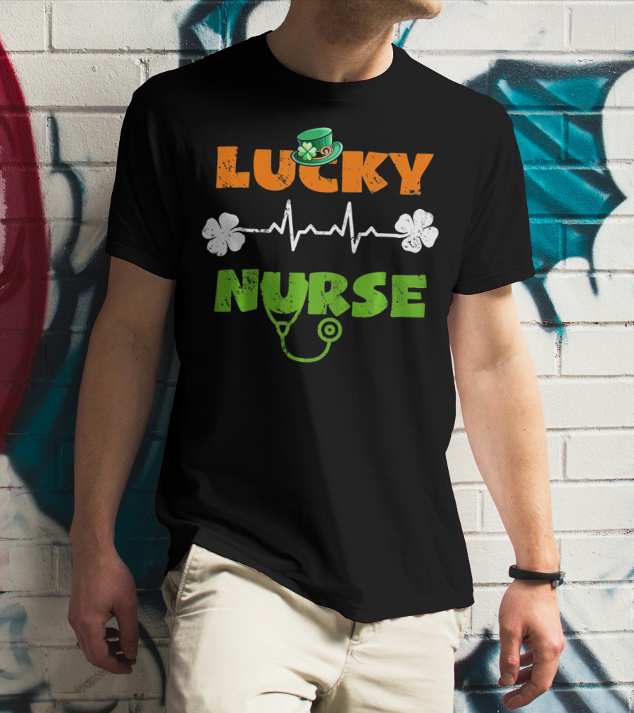 Lucky Nurse Shamrock Heartbeat Stethoscope Hat T-Shirt