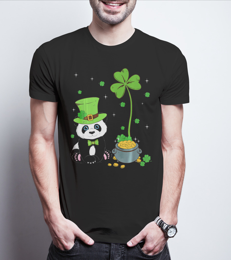 Shamrock Leprechaun Panda St Patricks Pot Of Gold T-Shirt