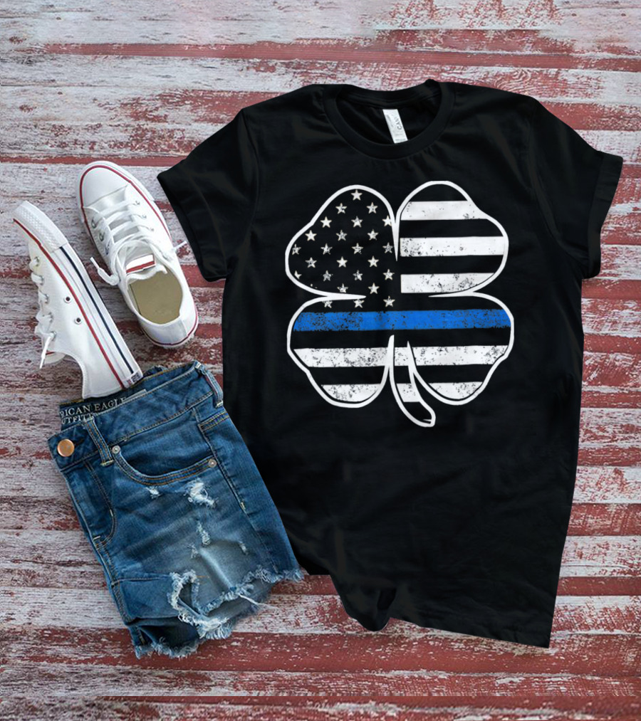 Police Flag Thin Blue Line Shamrock T-Shirt