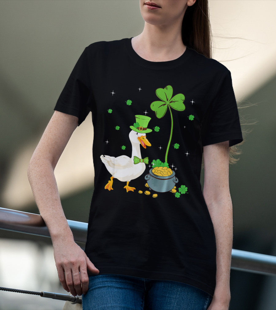 Shamrock Duck With Leprechaun Hat And Pot Of Gold T-Shirt