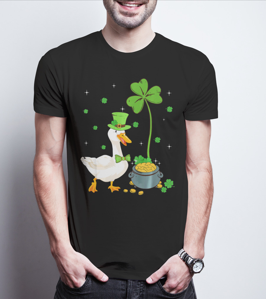 Shamrock Duck With Leprechaun Hat And Pot Of Gold T-Shirt