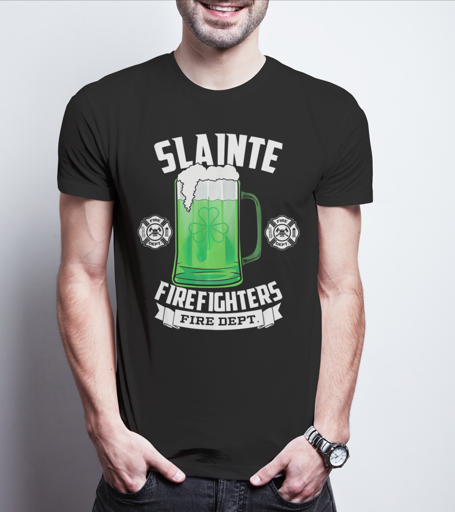 Slainte Shamrock Beer Firefighters Fire Dept T-Shirt
