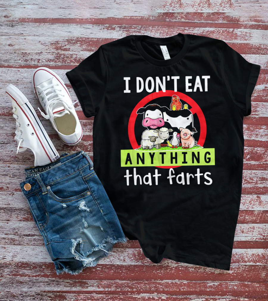 I Don't Eat Anything That Farts Vegetaria Cow Sheep Pig Chicken Cartoon T-Shirt