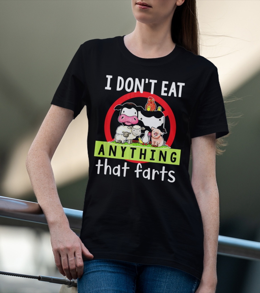 I Don't Eat Anything That Farts Vegetaria Cow Sheep Pig Chicken Cartoon T-Shirt