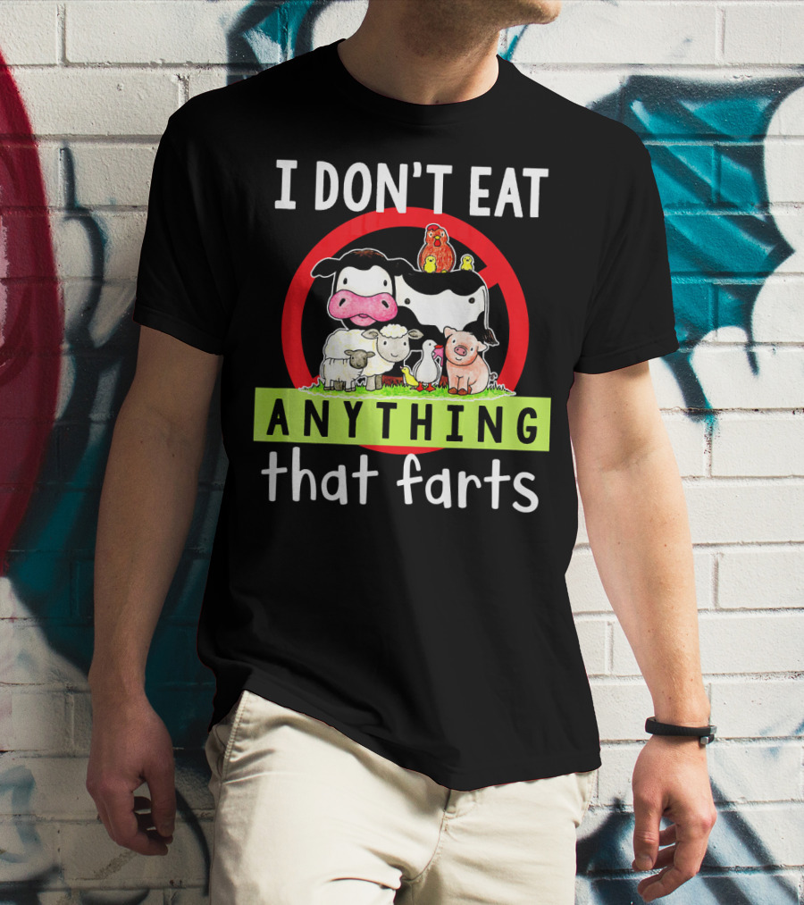 I Don't Eat Anything That Farts Vegetaria Cow Sheep Pig Chicken Cartoon T-Shirt