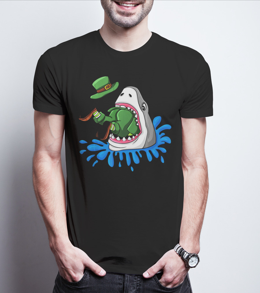 Shark Swallowing Green Leprechaun Hat Splashing Water T-Shirt