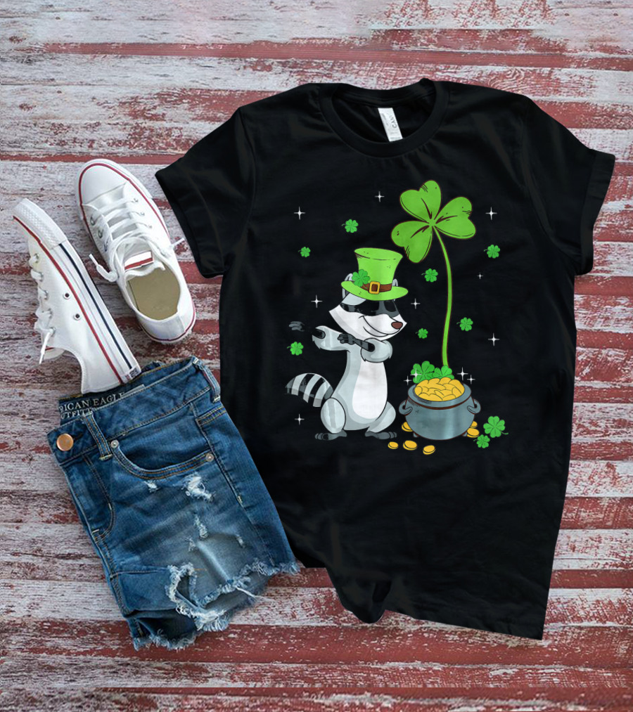 Shamrock Leprechaun Raccoon With Pot Of Gold And Clover St Patricks T-Shirt