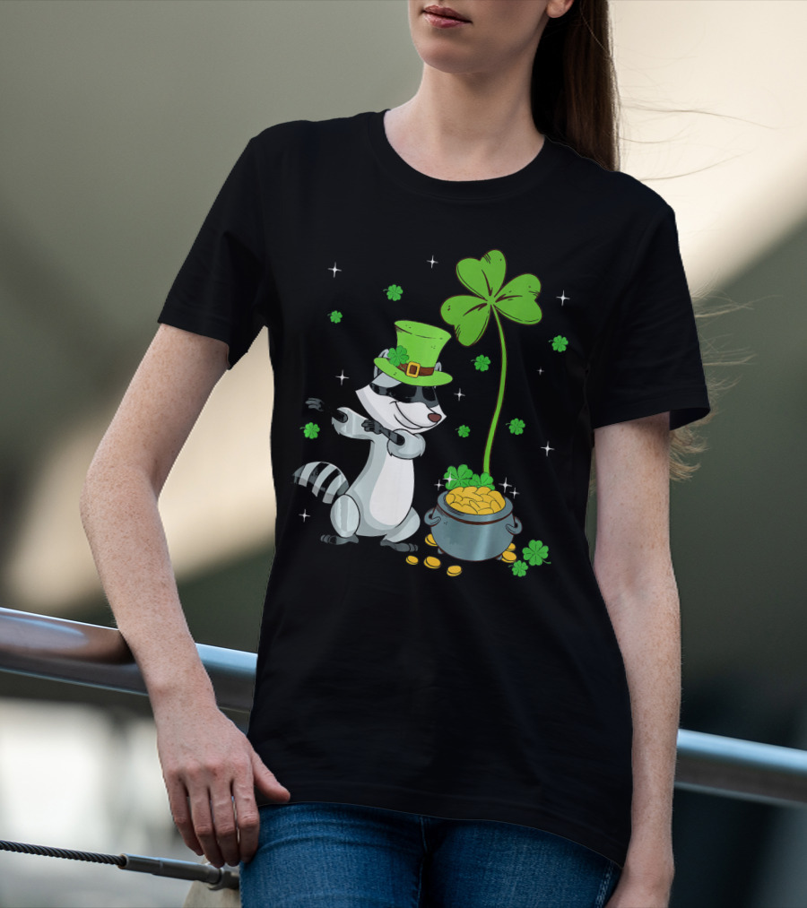 Shamrock Leprechaun Raccoon With Pot Of Gold And Clover St Patricks T-Shirt