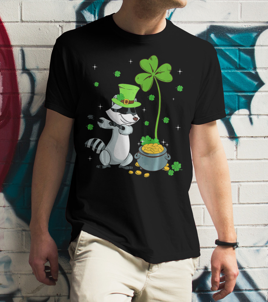 Shamrock Leprechaun Raccoon With Pot Of Gold And Clover St Patricks T-Shirt