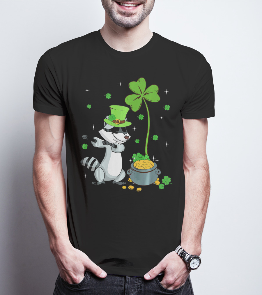 Shamrock Leprechaun Raccoon With Pot Of Gold And Clover St Patricks T-Shirt
