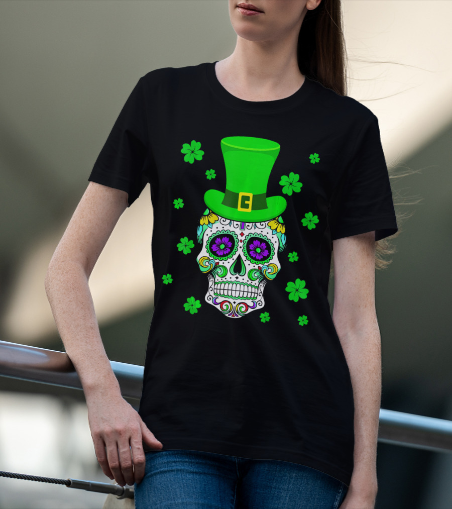 Leprechaun Sugar Skull Shamrock St Patrick's Day T-Shirt