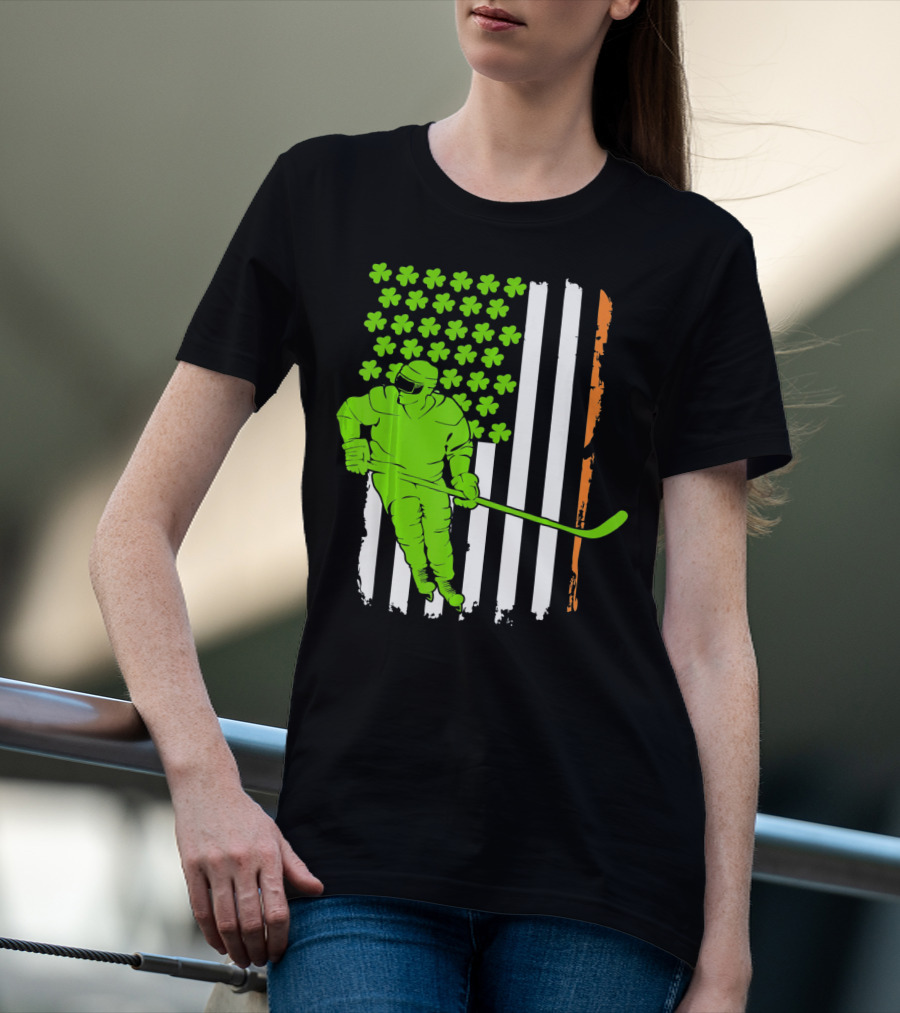 Irish American Flag St Pat Hockey Player Shamrock Stars T-Shirt