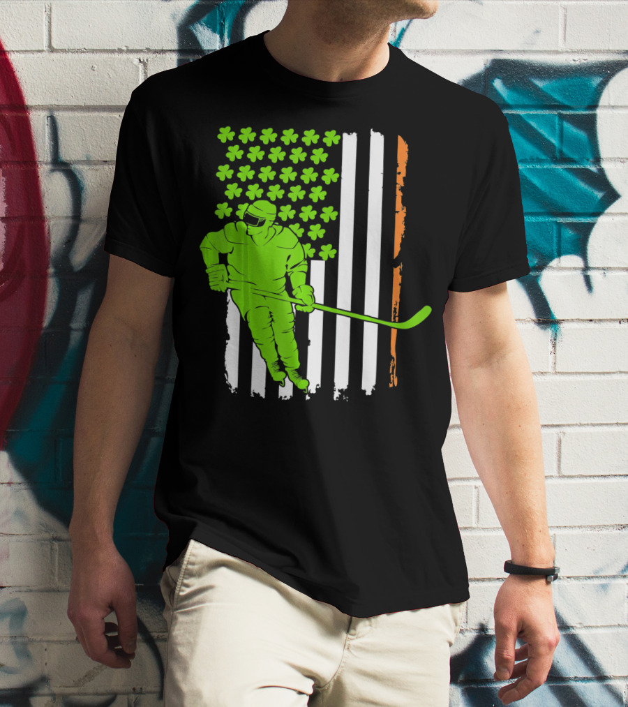 Irish American Flag St Pat Hockey Player Shamrock Stars T-Shirt