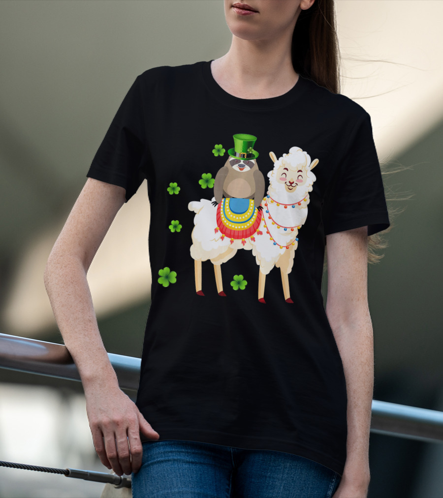 Leprechaun Sloth Riding Llama St Patrick's Day With Shamrocks T-Shirt